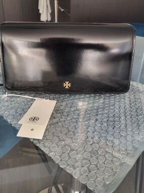 Tory Burch Black Patent Leather Fold-Over Clutch with Gold Logo